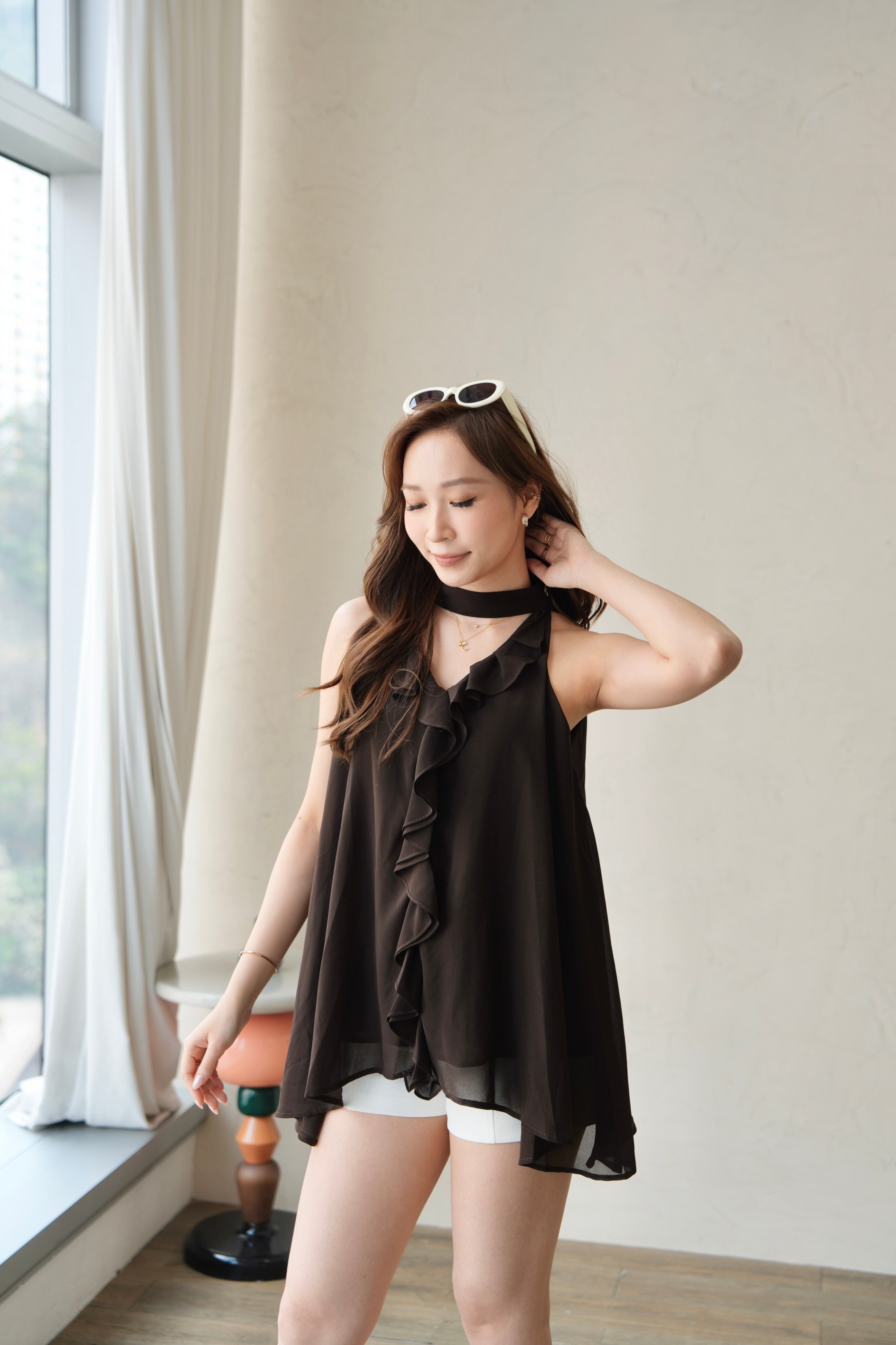 Brown Ruffle High Neck Top