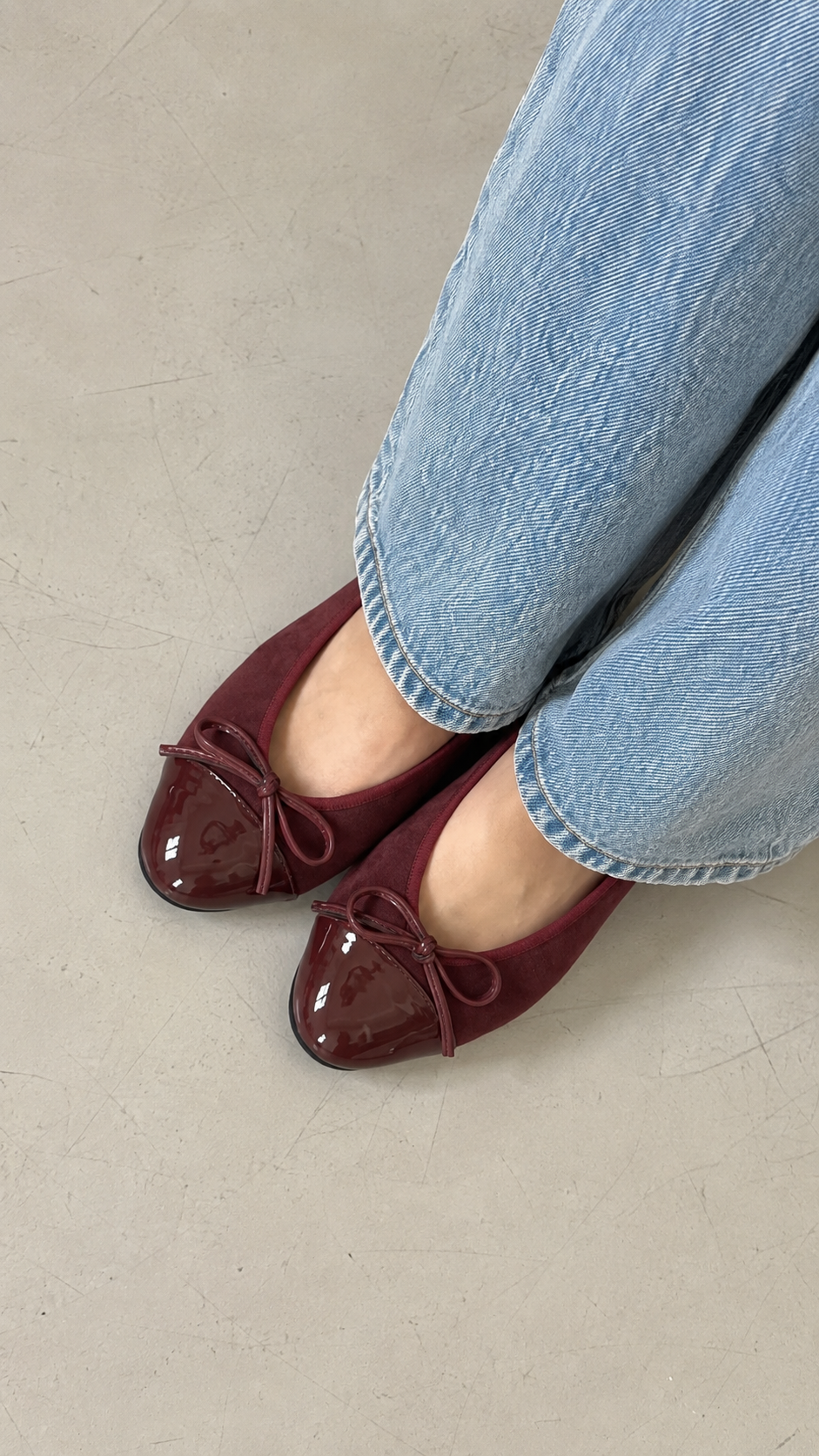 【KR】The Suede Cap-Toe Ballet Flats - Wine Red